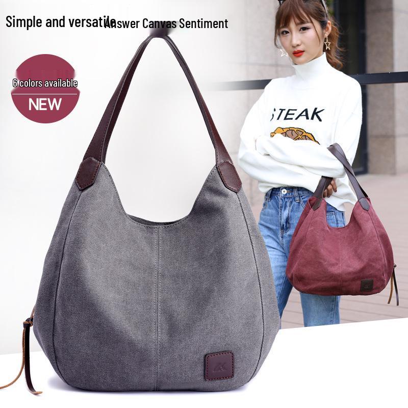 Large Capacity Canvas Tote Bag with Three-Layer Pockets - Ladies' Casual Shoulder Handbag