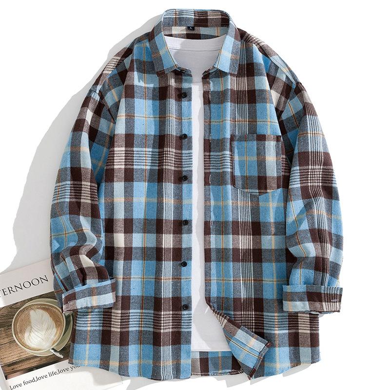Men Casual Loose Long Sleeve Plaid Hong Kong Style Shirt