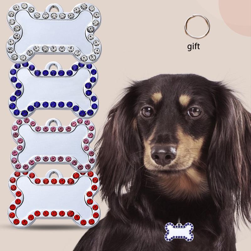Pet Diamond Edge Dogs Tag Bone Shaped Anti Loss Jewelry Metal Pink Pendant Blue