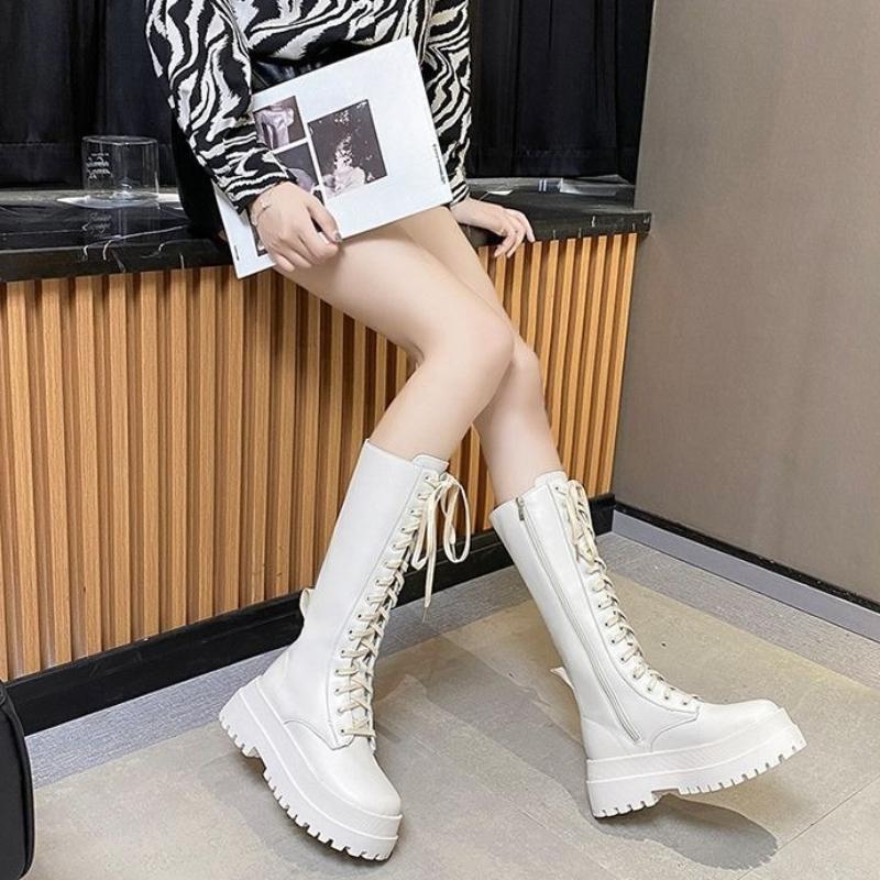 Fashion Platform Round Toe Lace-up Half High Boots for Women Autumn Winter Leather Fleece-Lined Mid Calf Shoes Woman Gothic Hot Footwear