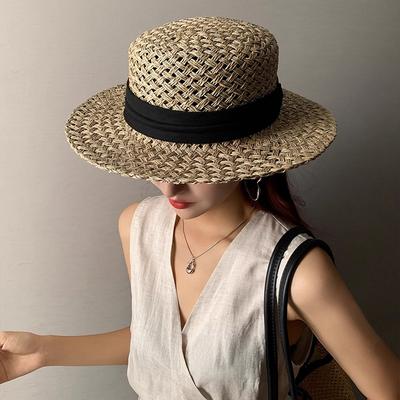 Urlaub Schleife Strohhut Damen Frühling Sommer und Herbst Stroh gewebt konkave Oberseite vielseitig retro Sonnenschutz Old Money Stil Zylinder