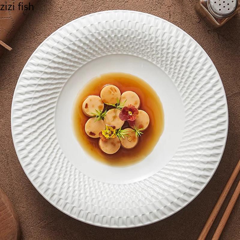 Pure White Relief Texture Ceramic Deep Bowl Salad Bowl Dessert Bowl Pasta Bowls Thick Soup Bowls Restaurant Specialty Tableware