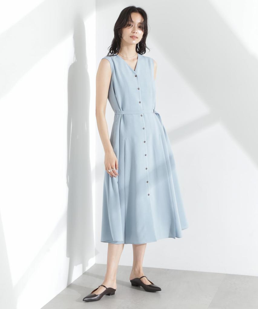 Nano Universe Melange Dry Belted Size M Blue V-Neck Dress, Women's, (111cm), (Product Code 669-5119305)