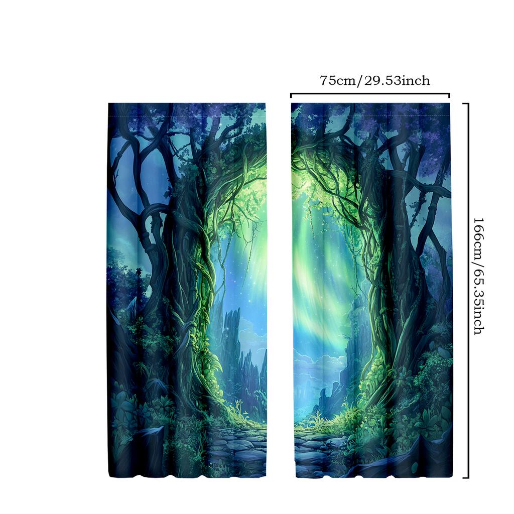 2pcs Moonlit Forest Curtains with Magic Trees and Full Moon Theme, Polyester, for Bedroom and Living Room