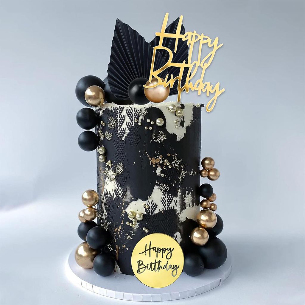 24PCS Man  Black Gold Ball Happy Birthday Cake Topper Decorations for Black Boho Wedding Boy Birthday Party Baby Shower Supplies