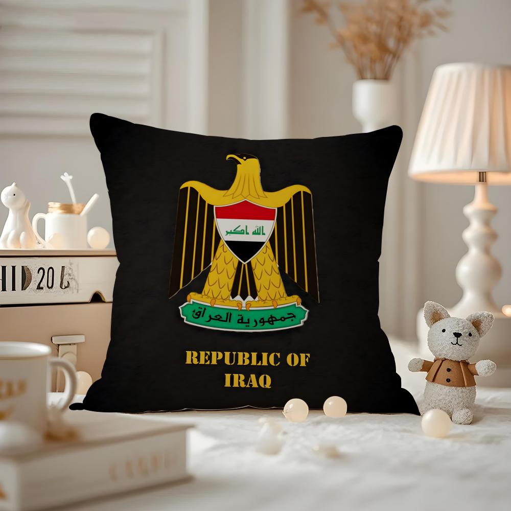 L-Iraqi Iraq National Flag Cushion Cover Anti-dustmite Pillowcase Invisible Zipper Silky Short Plush Sofa Cushion Cover