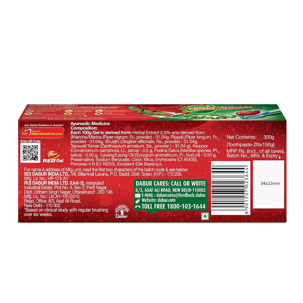 Dabur Red Gel Ayurvedic Toothpaste 600g Pack of 4 | Fresh Breath, Plaque & Gingivitis Protection | Natural Oral Care For Healthy Gums