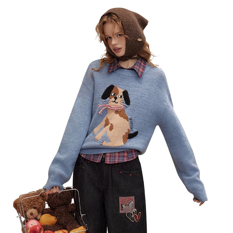 

UNIFREE Women s Puppy Jacquard Loose Pullover Sweater S