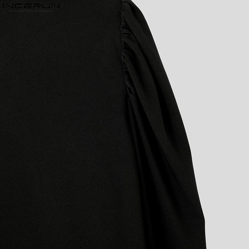 INCERUN Men Long Puff Sleeve Mesh Sheer Patchwork Crop Tops T-Shirts
