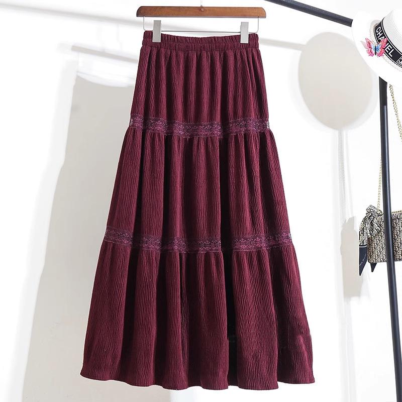 

Осенне-зимняя кружевная юбка в стиле ретро с красными вставками, длинная, бархатная, с высокой талией, тонкая юбка для женщин One Size