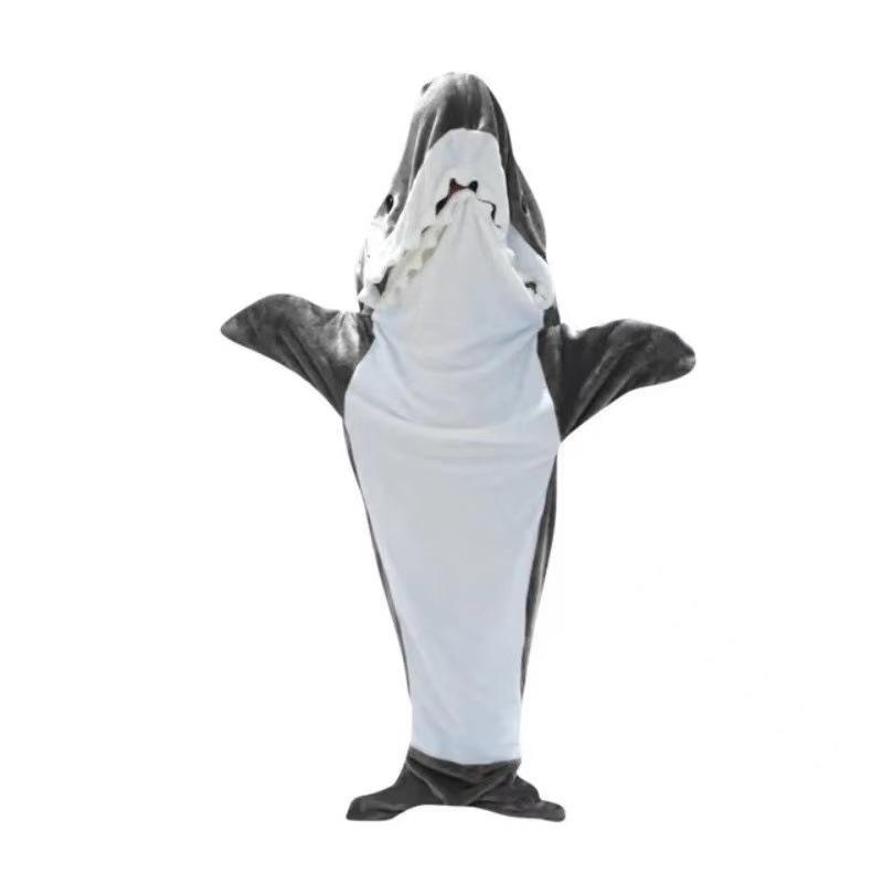 Warm Flannel Blanket Pajamas Home Suit Cartoon Shark Pajamas Unisex Play Suit Kids Parents Hooded Funny Home Wear for Slumber Party