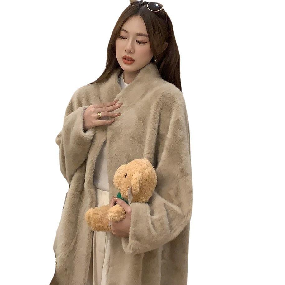 Young environmentally friendly fur temperament fur integrated coat women's mink fleece thickened long stand-up collar coat lazy style