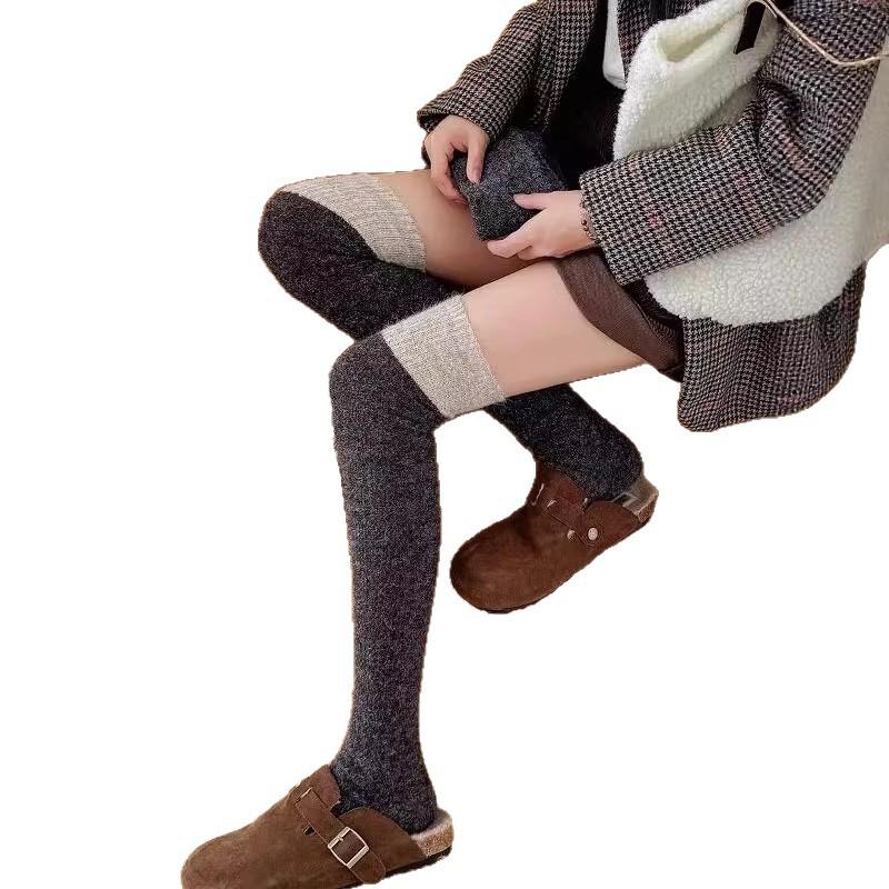 Wool Over-Knee Stockings Women'S Jk Color Matching And Thin Pressure Socks Warm Fleece Thickened Leg Socks Knee Thigh Socks