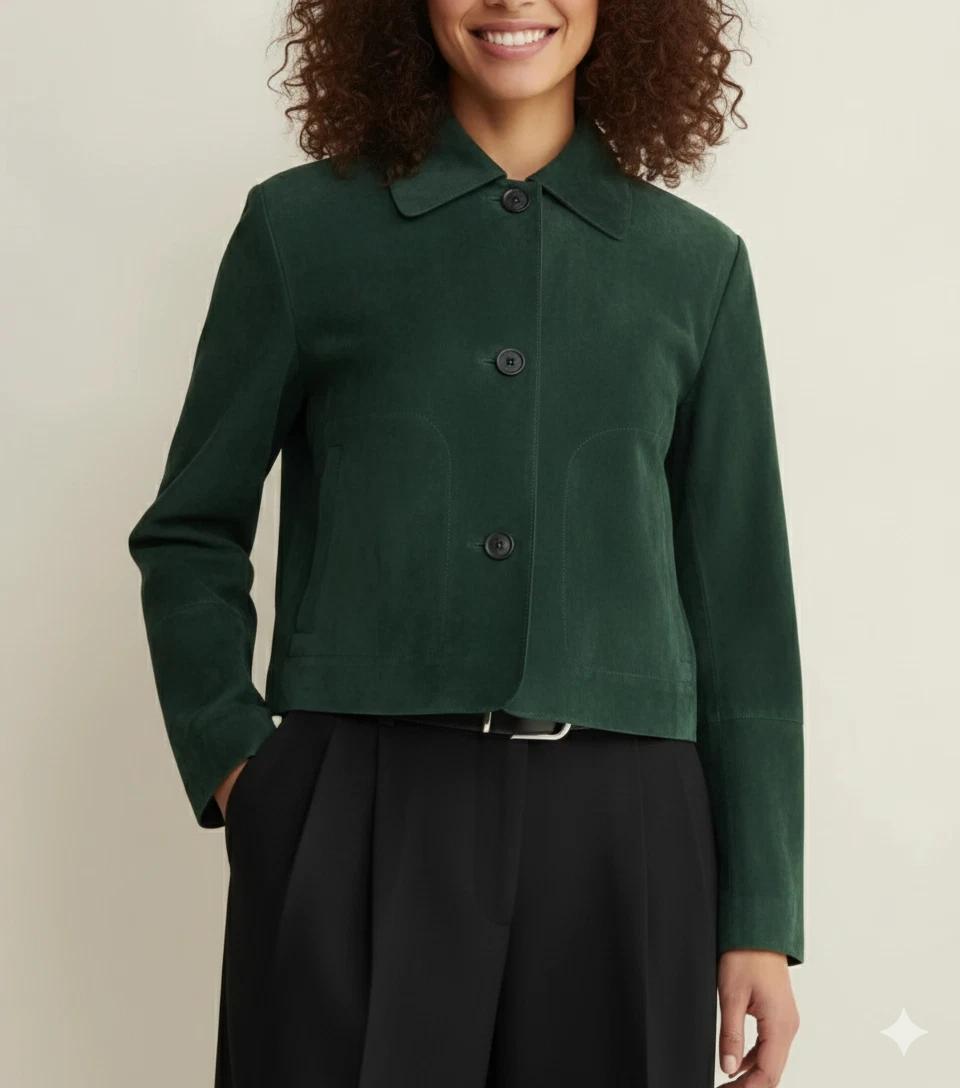 Зеленая Ручная Работа Натуральная Замша Кожа Ягненка Женская Вечеринка Мотоцикл Повседневная Куртка S