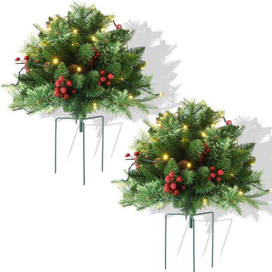 Lighted Artificial Christmas Urn Filler Battery Operated Pre-lit Xmas Pine Tree with Tripod Stake And 50 LED Light Outdoor Planter Filler