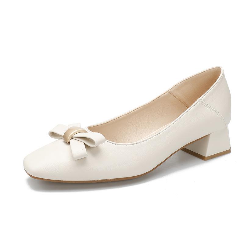 Spring 2025 new square head medium heel single shoes women's thick heel high heels temperament soft leather fashion bow women's shoes