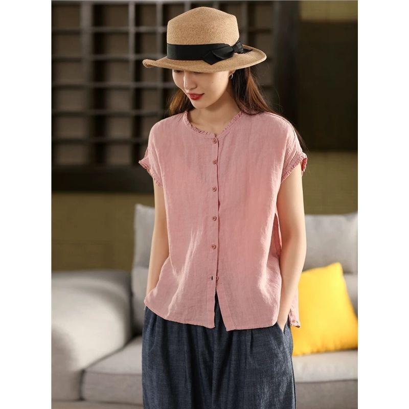 Women Dark Green Linen Blend Blouse With Ruffled Neckline And Red Button Front Casual Summer Top