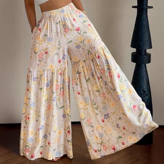 Women Trousers Elastic Waist Floral Print Splicing Design Wide Leg Long Trouser with Pockets Travel Work School Daily
