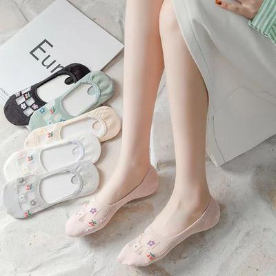 Meias femininas de malha com flores, meias de silicone antiderrapantes, invisíveis, sem estampa, ultrafinas, respiráveis, decotadas, cano baixo