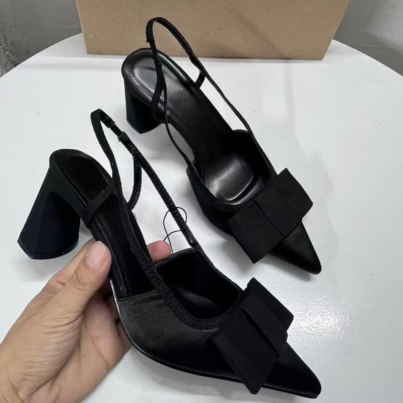 Fashion Vintage Black Women High Heeled Shoes Pointed Toe Shallow Fashion Bow-Knot Slingbacks Elegant Brand Designer Office Lady Pumps