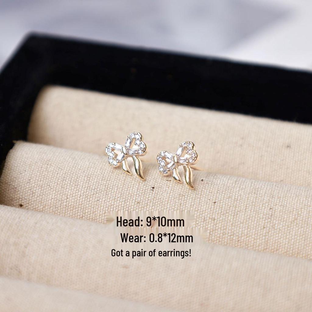 Copper-Plated Gold Bow Earrings with 925 Silver Needle and Flower Diamond Inlay for Women