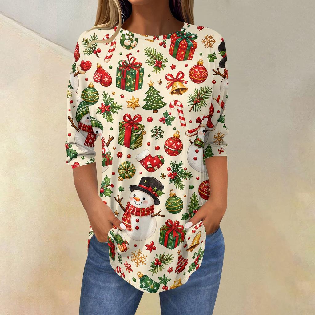 Women's Christmas Print Three-Quarter Sleeve Neck T-Shirt Top