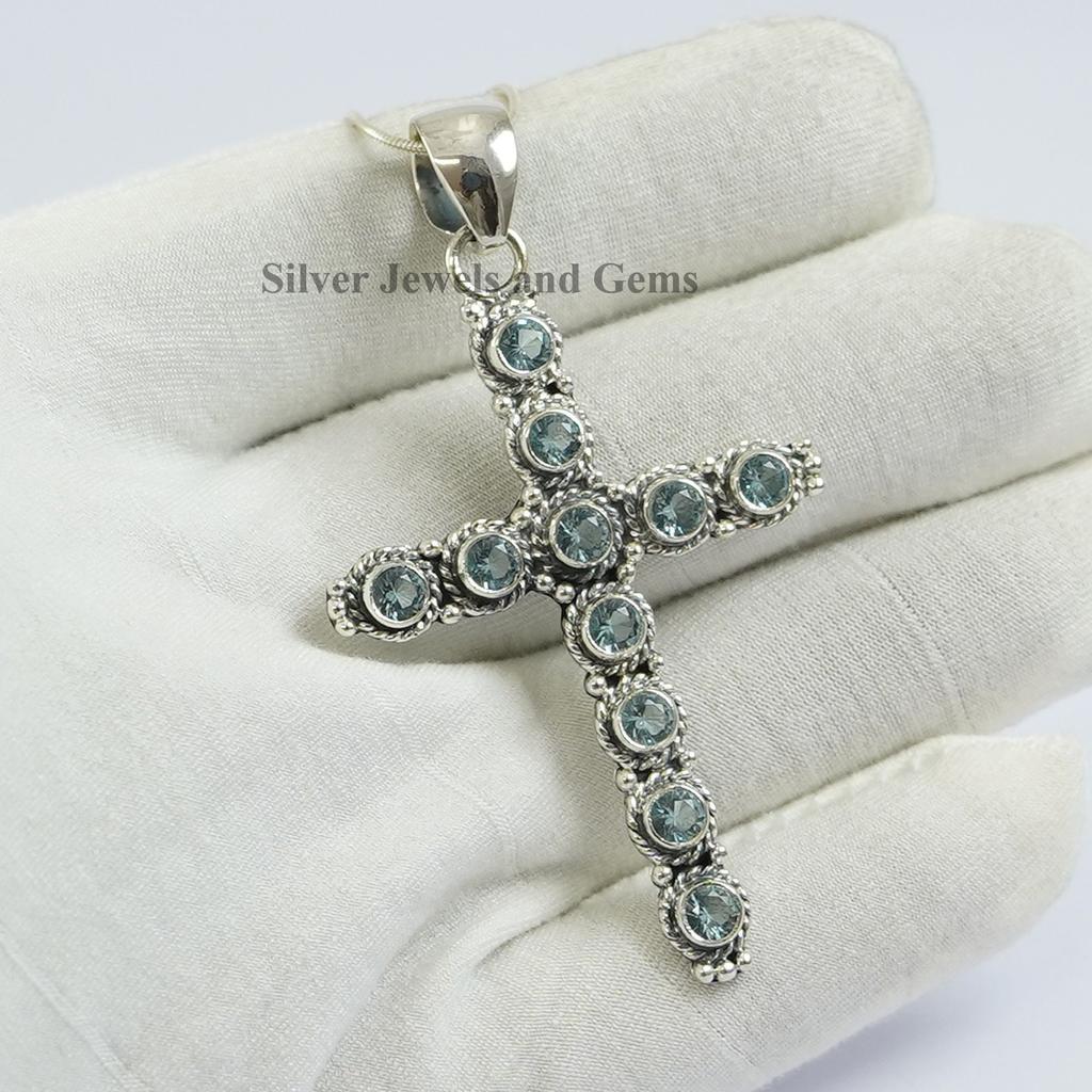 Natural Blue Topaz Cross Pendant, Anniversary Pendant, Round Gemstone Pendant, 925 Sterling Silver Pendant, Topaz Handmade Pendant