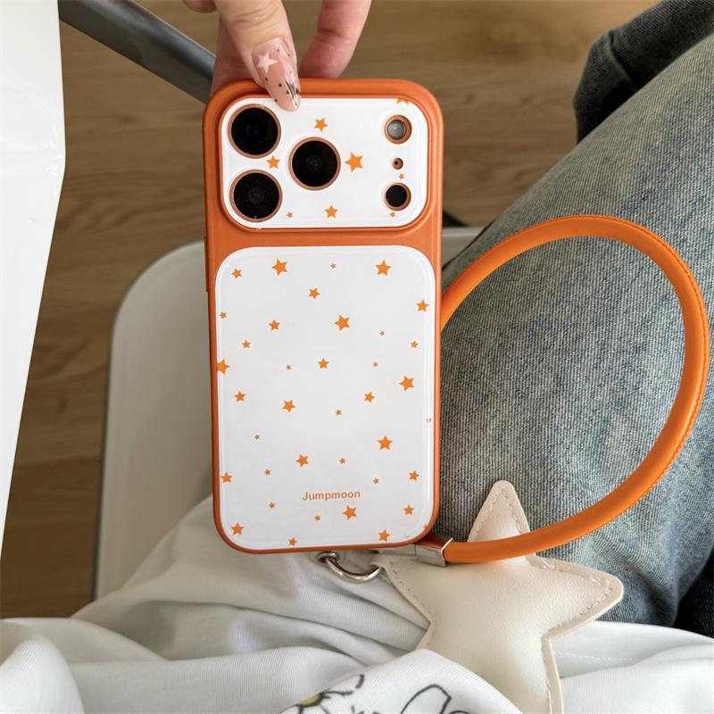 Kawaii Orange Star Phone Case With Star Wrist Strap For iPhone 14 15 16 17 Pro Max INS Cute Shockproof Protective Cover