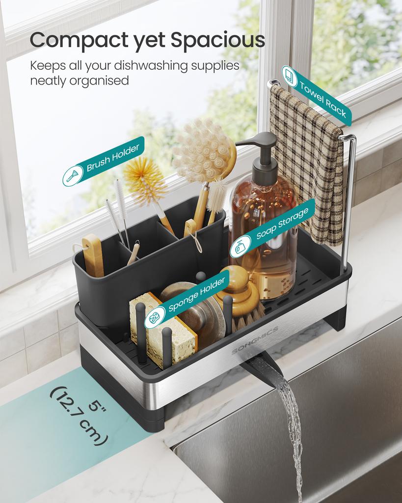 SONGMICS Kitchen Sink Caddy Tidy, Sink Organiser with Sponge Holder, Washing up Caddy for Brushes, Cloths, Soap, Stainless Steel, Space-Saving