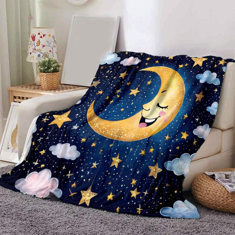 1pc Moon Printing Lightweight Flannel Blanket, Comfortable and Warm Blanket, for Camping Sofa Bed and Couch Office, Gift