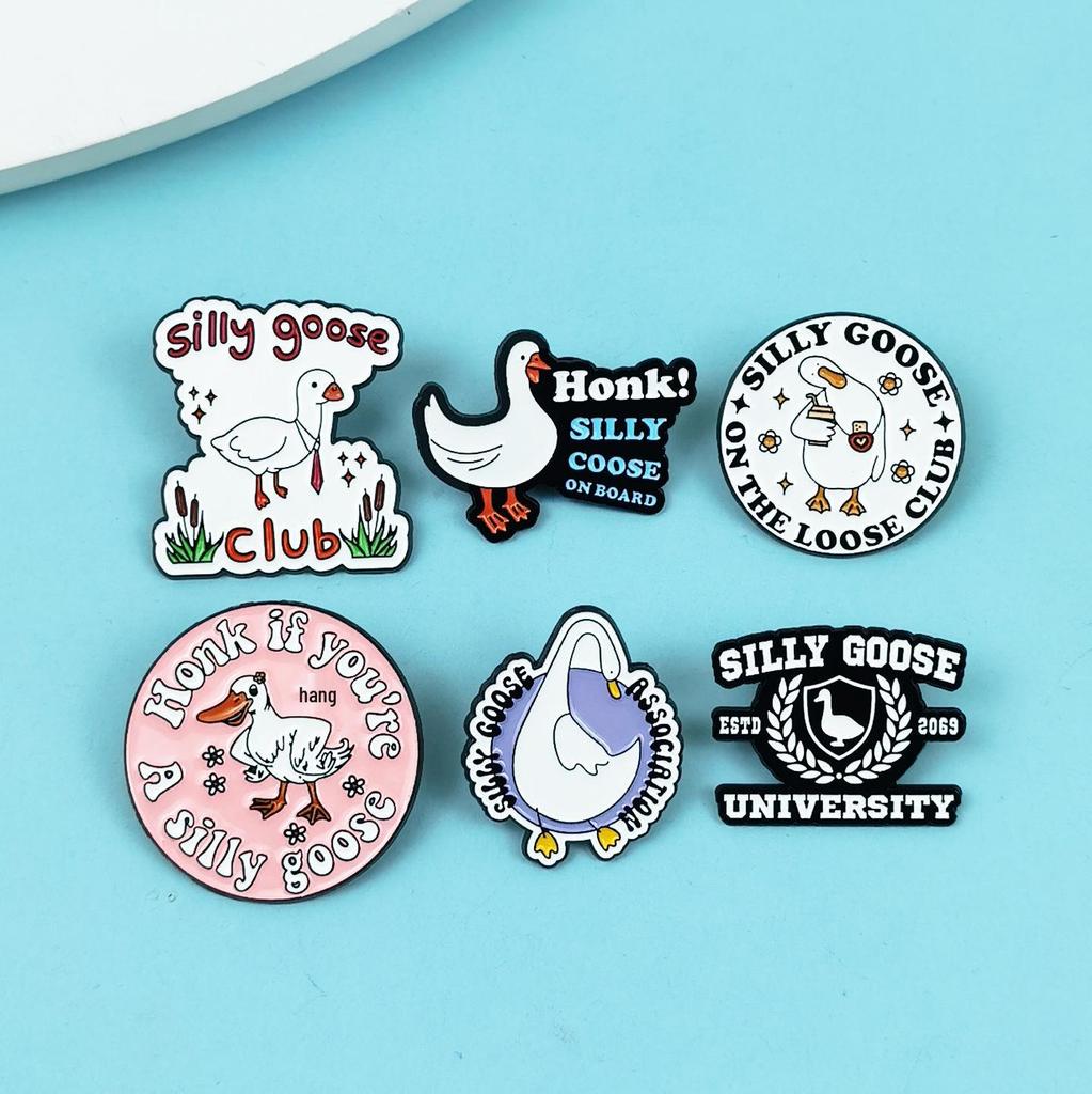 Funny Cartoon Big White Goose Brooch Set - English Letter Accessories for Backpacks & Clothing