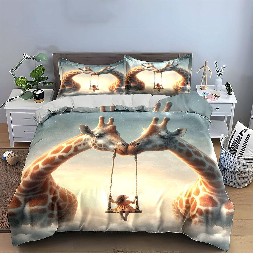 Ensemble de décoration balançoire girafe fantastique Housse de couette douce et confortable Ensemble de literie Comprend 1*Housse de couette & 2*Taies d'oreiller, Cadeau
