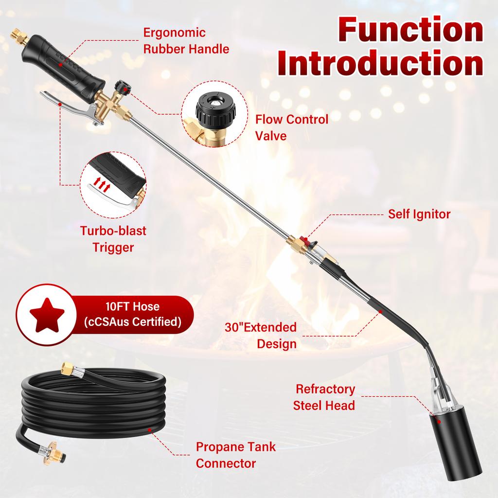 Propane Weed Torch with Self-Ignition 37.4inch Wand 10ft Hose Adjustable Flame for Weeding, Snow Melting, Roofing, Campfires