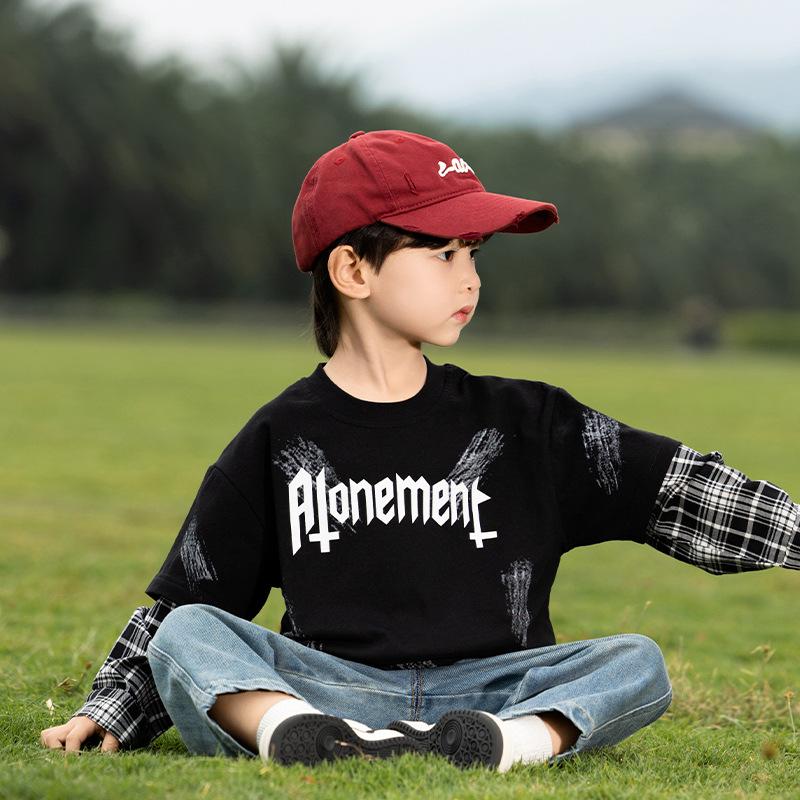 

Nausicaa Spring 2025 Plaid Faux Two-Piece Letter T-Shirt for Boys – Trendy Korean Style 120 чорний