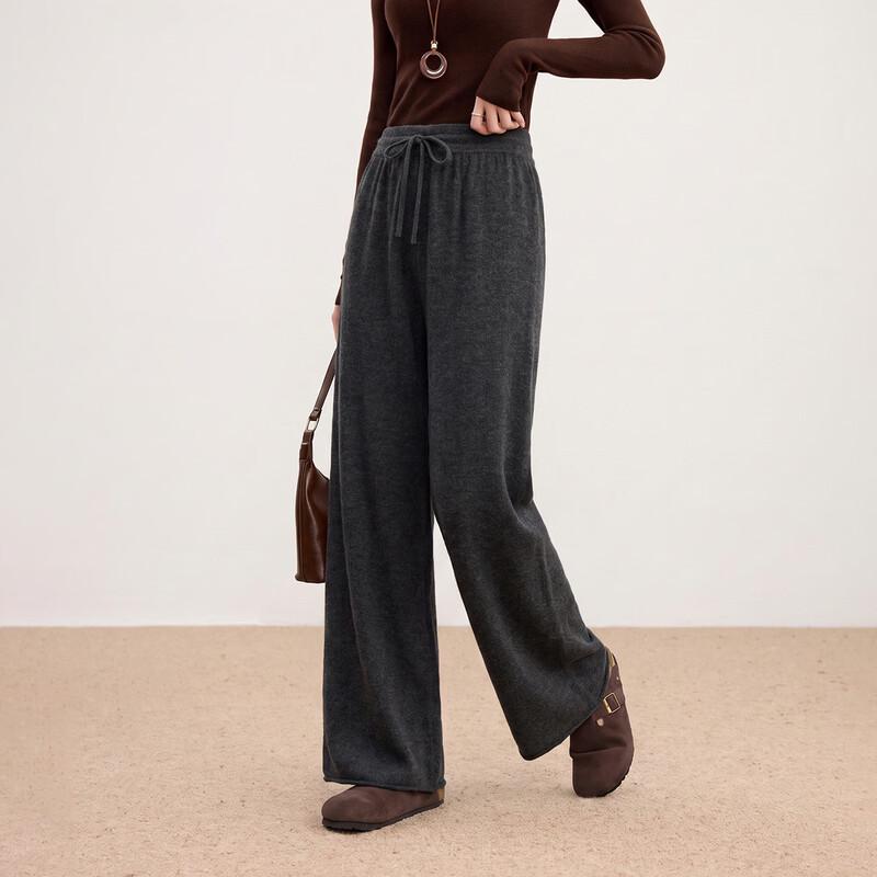 Shexi Women's 100% Wool High-Waisted Wide-Leg Knit Trousers
