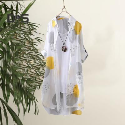 Women Long Cardigan Irregular Hem Contrast Color Single Breasted Lapel Loose Printed Thin Long Sleeve Patch Pocket Lady Coat