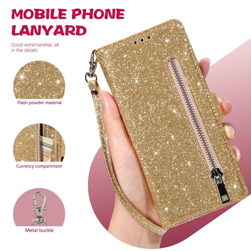 Glitter Zipper Leather Flip Wallet Case For iPhone 17 Pro Max Luxury Card Slots Phone Holder Cover For iPhone 16 15 14 Pro Max 13 12 11
