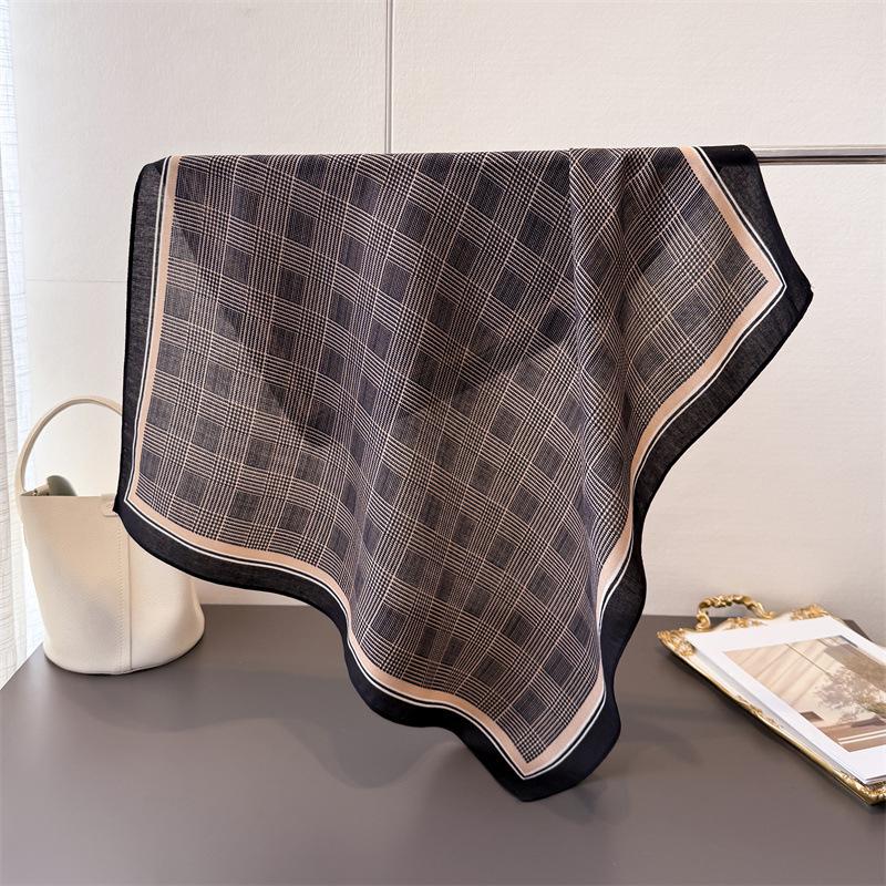 Classic Plaid Herringbone Pattern Cotton And Linen Small Square Scarf Silk Scarf Imitation Velvet Headscarf Shawl Sun Protection Scarf