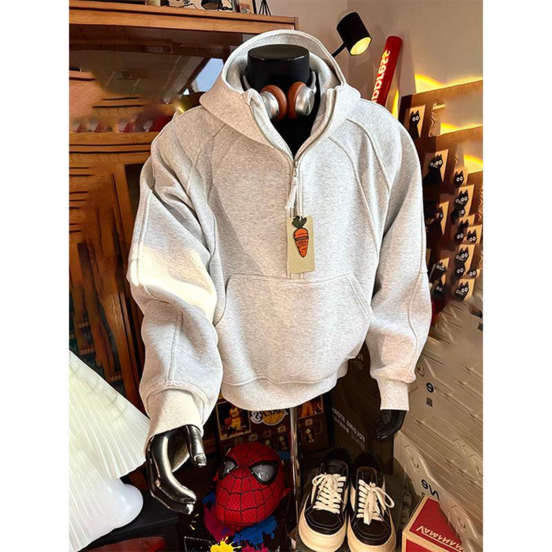 Men s Heavyweight Half-Zip Stand Collar Hoodie: Autumn Velvet Trendy American Fashion L