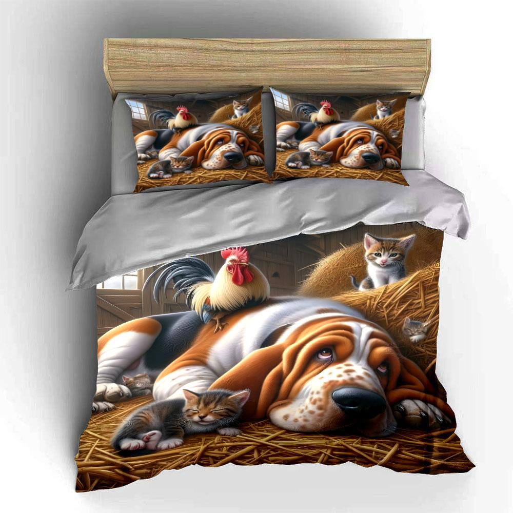 Cozy Barn With Dog Cats Rooster Bedding Set For Kids Luxury Gift 3Pcs Digital Print Comforter Set Soft Comfortable Breathable