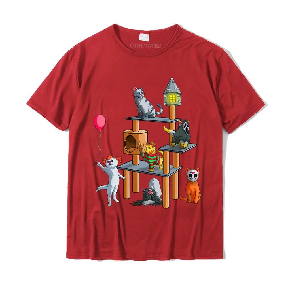 Funny Cat Horror Movies Cute Halloween for Cat Lovers T-Shirt Funny Comfortable Top T-shirts Cotton Men Tops
