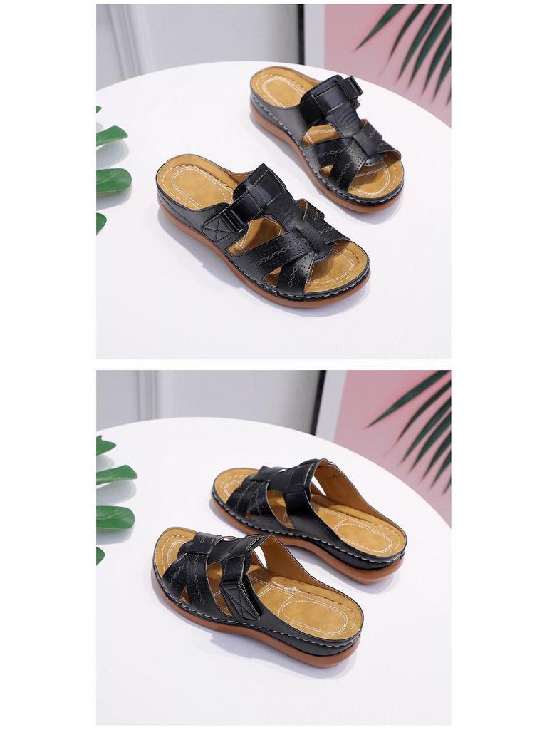 2022 Women's Retro Thick-Soled Sandals - European and American Style, Solid Color, Sizes 43-44