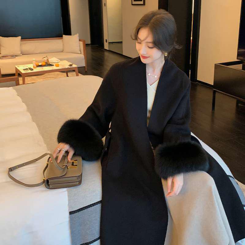 Women's Mid-Length Double-Faced Cashmere Coat with Fox Fur Cuffs for 2025 Autumn/Winter