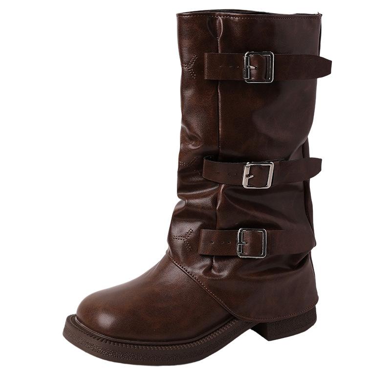 Thick-soled Trouser Tube Boots Women's Versatile Design Sense 2025 Autumn and Winter New Belt Buckle Medium Tube Stacking Boots Western Cowboy Boots
