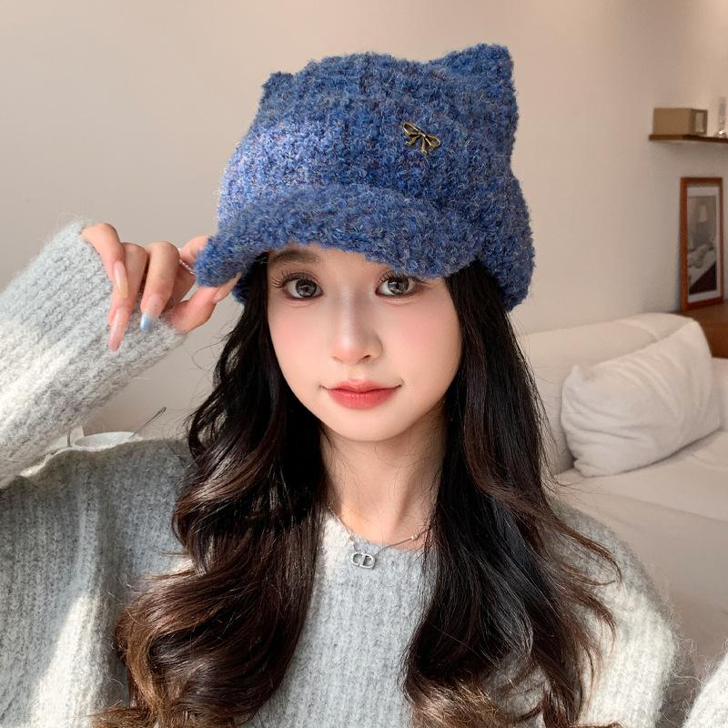 

Шапка вязаная шерстяная с кошачьими ушками осенне-зимняя женская с бантом теплая шапка с защитой ушей милая универсальная бархатная термошапка average size