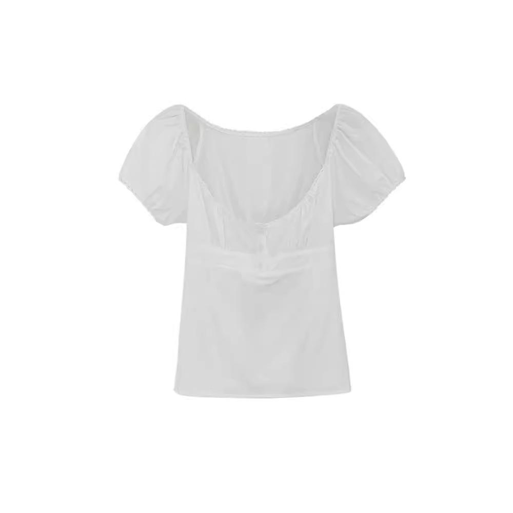 Chic French White Short-Sleeve Bubble Collar Top for Women