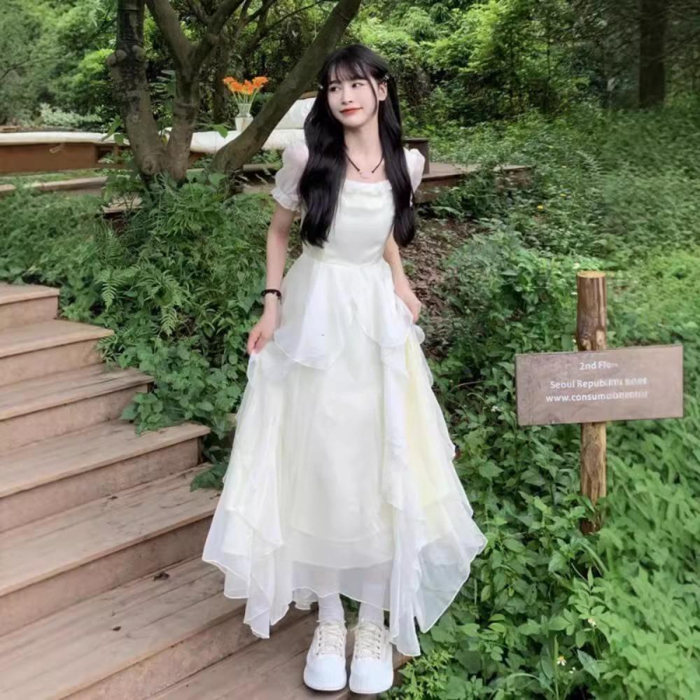 

Ruffles Chiffon Dress Women White Tassel Mesh Dress French Style A- Line Fairy Dress Wedding M білий