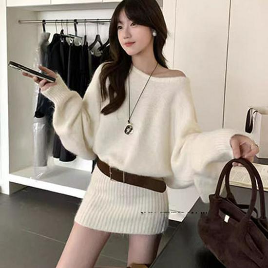 French Off-Shoulder Knitted Pullover Sweater and Waist-Cinching Skirt Set for Women - Autumn Style
