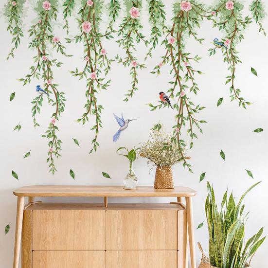 Hanging Willow Leaf Wall Decals DIY Green Vine Plants Wall Sticker Peel And Stick Birds Butterfly Wall Art Mural for Living Room TV Background Bedroom