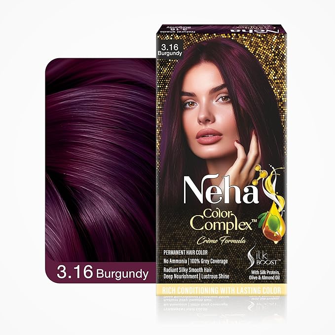 

Neha Color Complex Permanent Hair Colour Mini Pack, Burgundy 3.16, Colorant 30ml+ Developer 30g, Conditioner Sachet (6ml X 1)